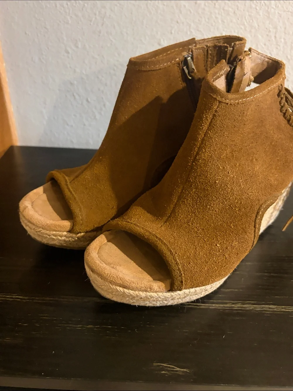 Minnetonka Brown Suede Open-Toe Espadrille Wedge Booties